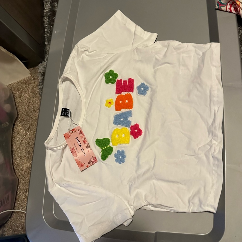 SHEIN White and Yellow Crop Top with Playful Design